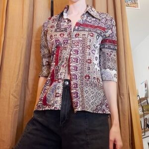 70s style patchwork print collared long sleeve button down shirt